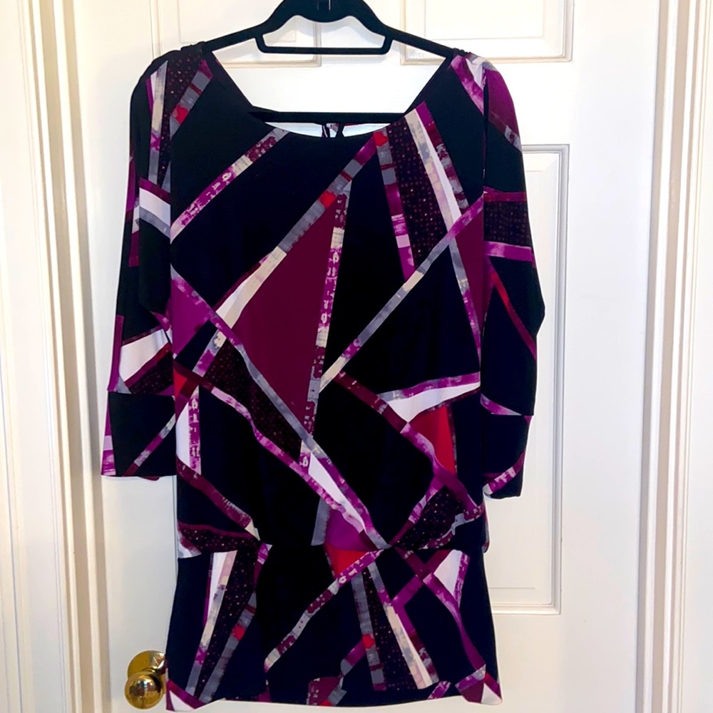 White House Black Market Black, Wine, Gray & White Blouson Tunic Top